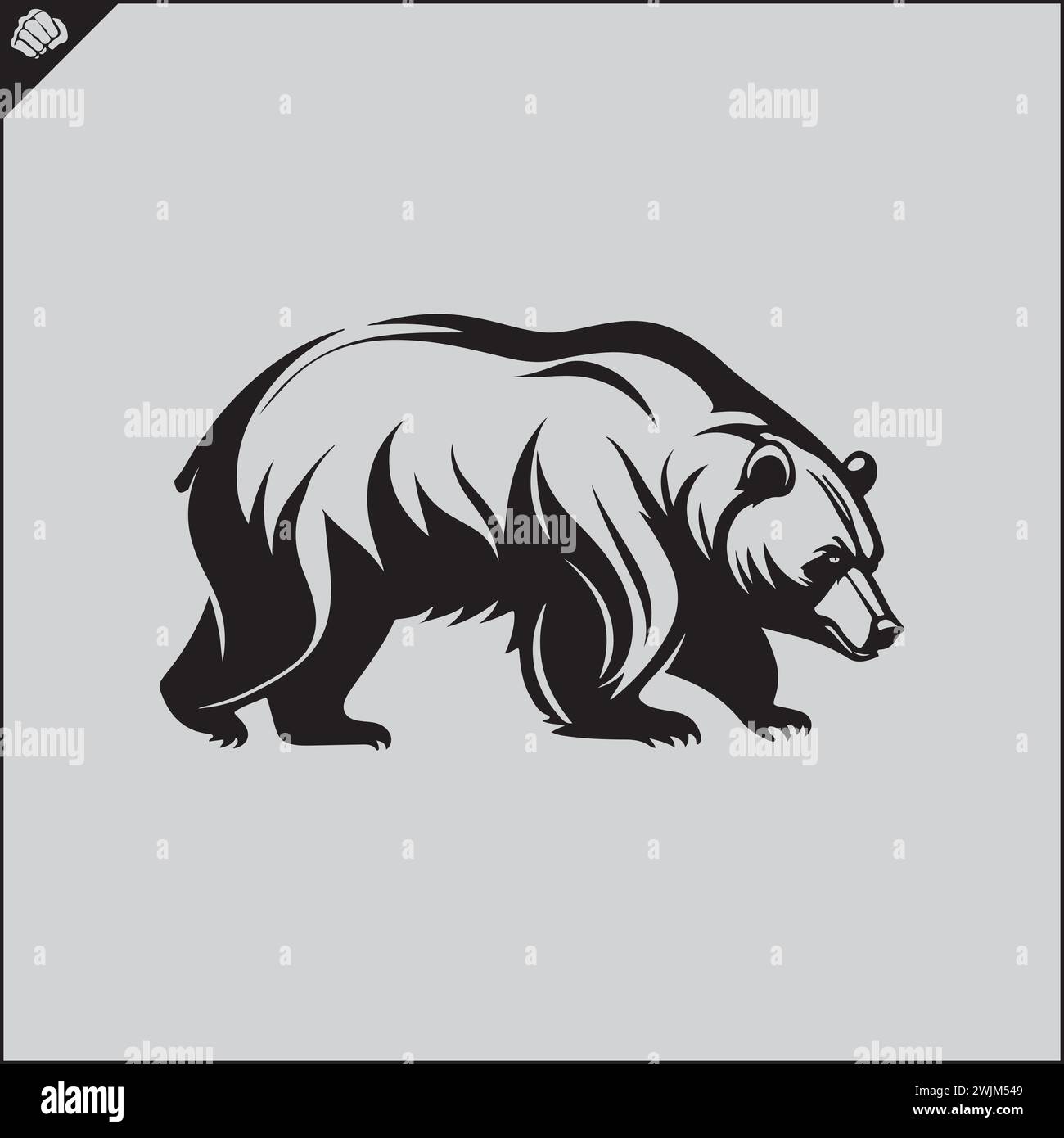 Grizzly ours noir, silhouette, vue de côté, regarder vers le haut, pochoir, vecteur plat, fond blanc. Logo sport de jeu. Illustration de Vecteur