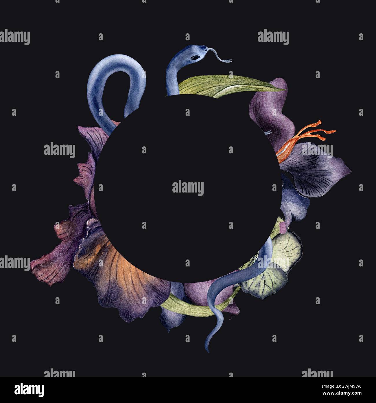 Cadre avec aquarelle violet fleur d'iris et serpent isolé sur noir. Cadre de cercle floral gothique dessiné à la main. Décoration botanique sombre pour l'emballage. Banque D'Images