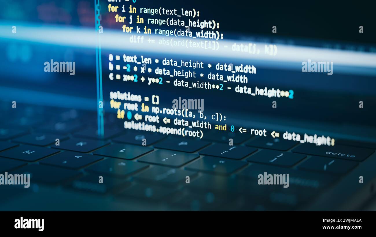 Écrire le code source tout en programmant sur un ordinateur portable. rendu 3d. Banque D'Images