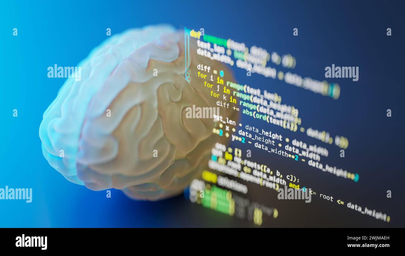 L’intelligence artificielle se programme elle-même et écrit du code source. rendu 3d. Banque D'Images