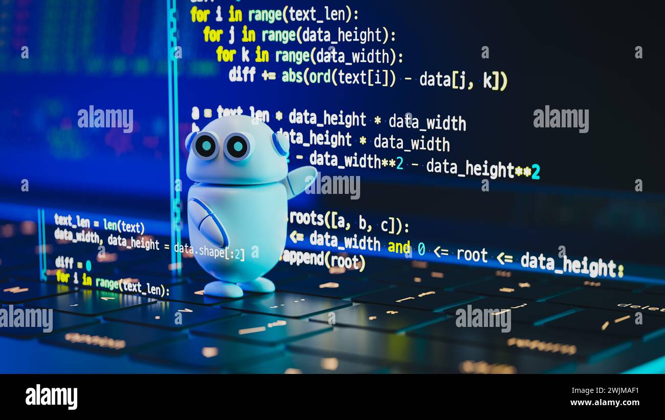 Un chatbot d’intelligence artificielle aide les programmeurs à écrire du code source. rendu 3d. Banque D'Images