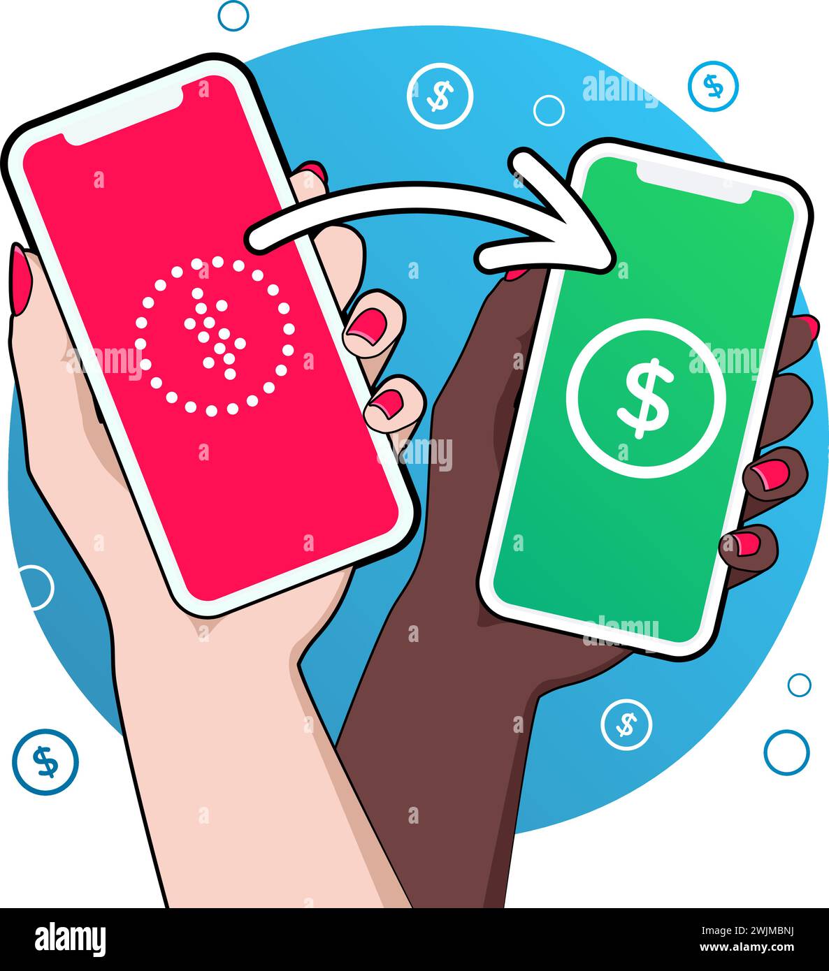 Paiement mobile réussi. Reçu et transféré avec coche à l'écran. Main de femme effectuant des transactions avec smartphone. Illustration de Vecteur