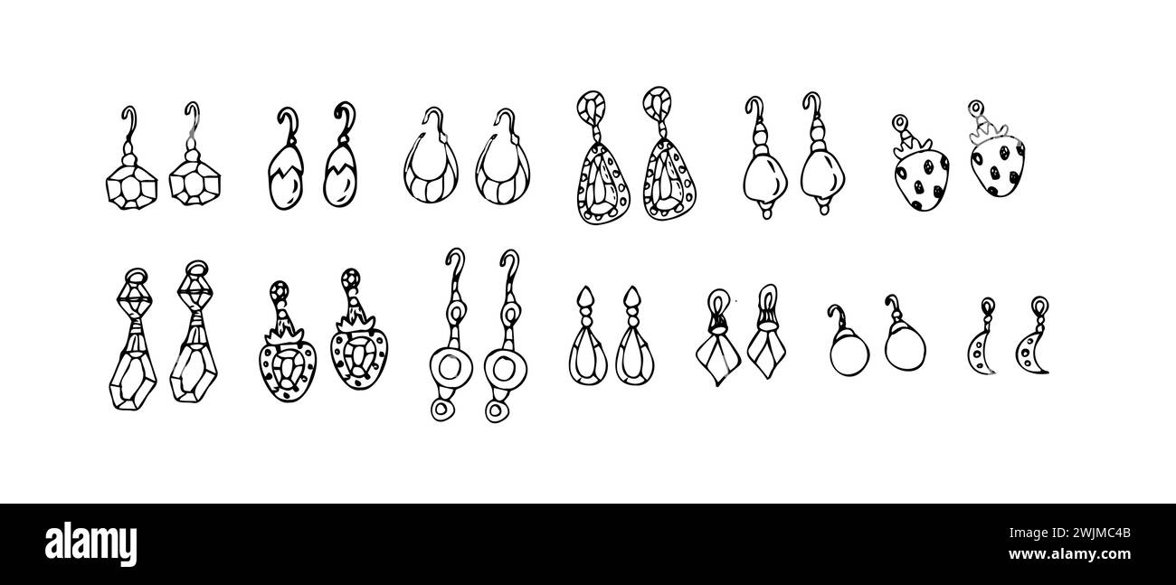 Jeu de bijoux dessiné à la main de boucles d'oreilles de diamant. Illustration vectorielle isolée. Peut être utilisé pour carte de voeux, bannière de beauté, affiches, impression de vêtements. Illustration de Vecteur