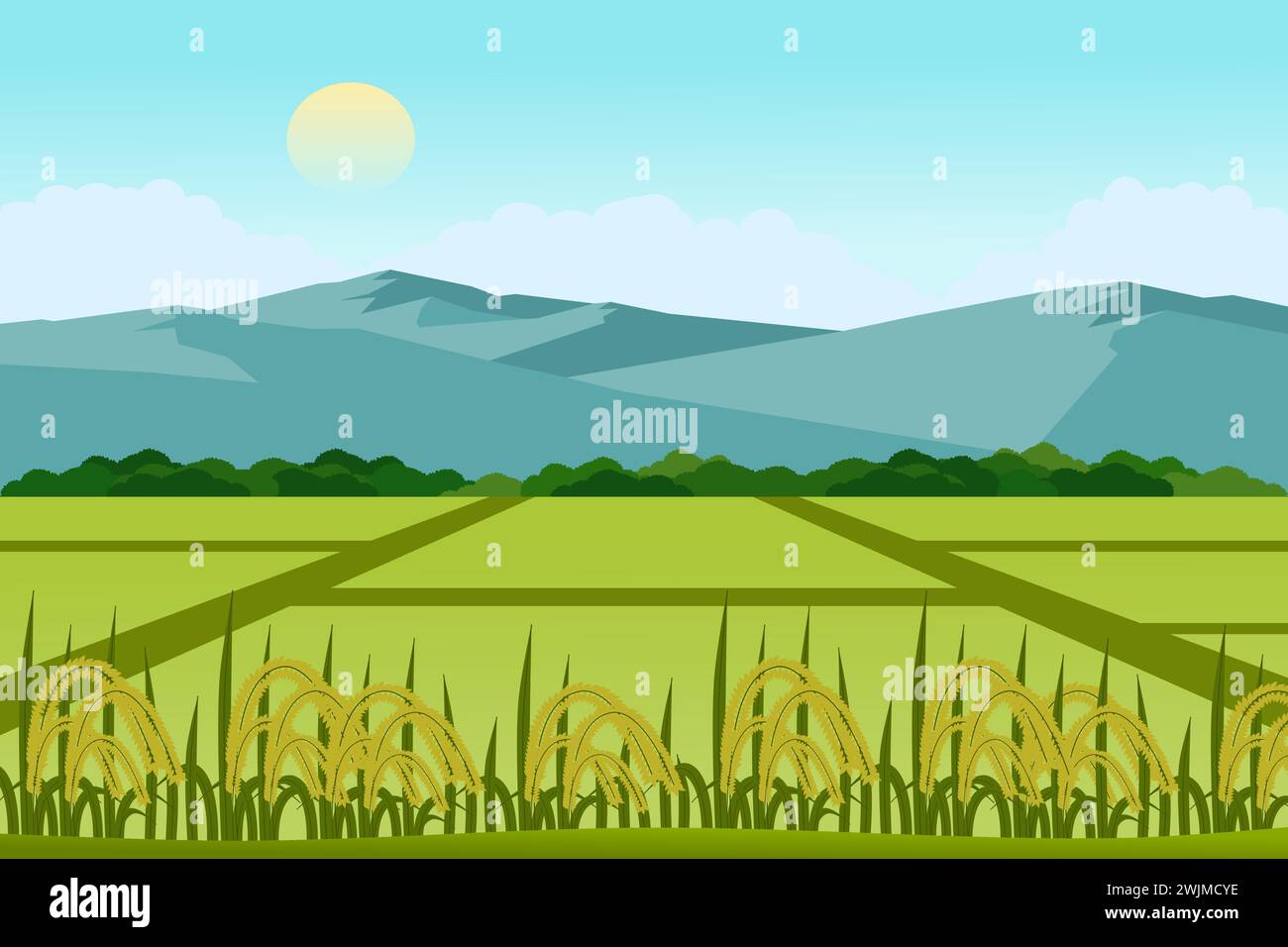 Beau paysage de rizières et de rizières avec illustration vectorielle de montagnes. Une vue sur un village paisible. Illustration de Vecteur