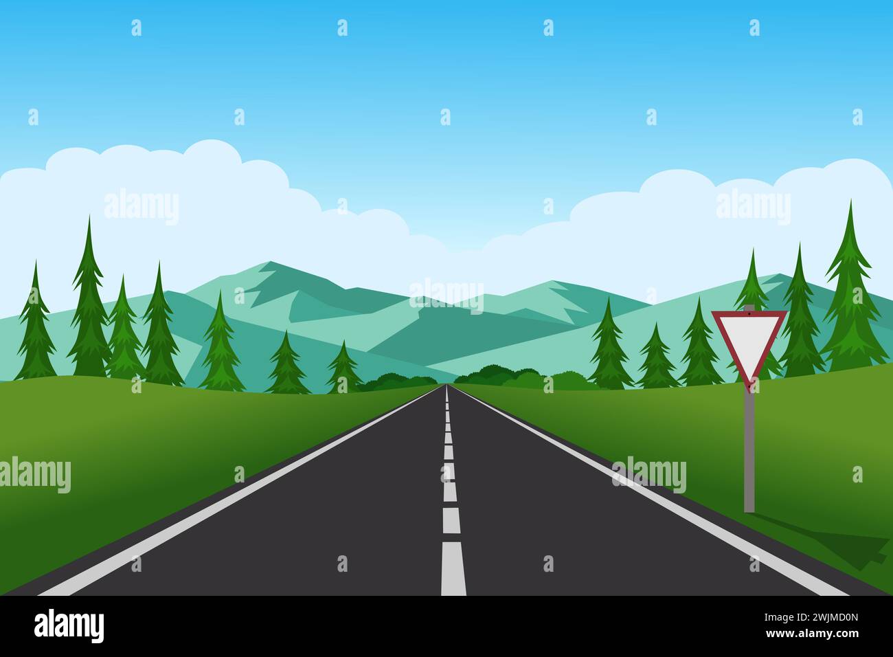 Route vide droite à travers la campagne. Collines verdoyantes, ciel bleu, prairie et montagnes. Illustration vectorielle de paysage d'été. Illustration de Vecteur