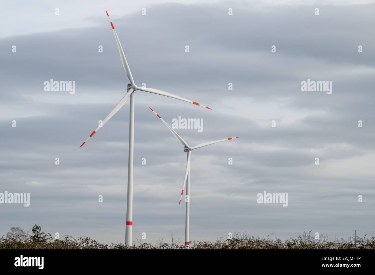 , Wirtschaft, Deutschland, Rhénanie-Palatinat, 16.02.2024, Windräder gegen bewölkten Himmel. Symbole grüner Energie. Banque D'Images