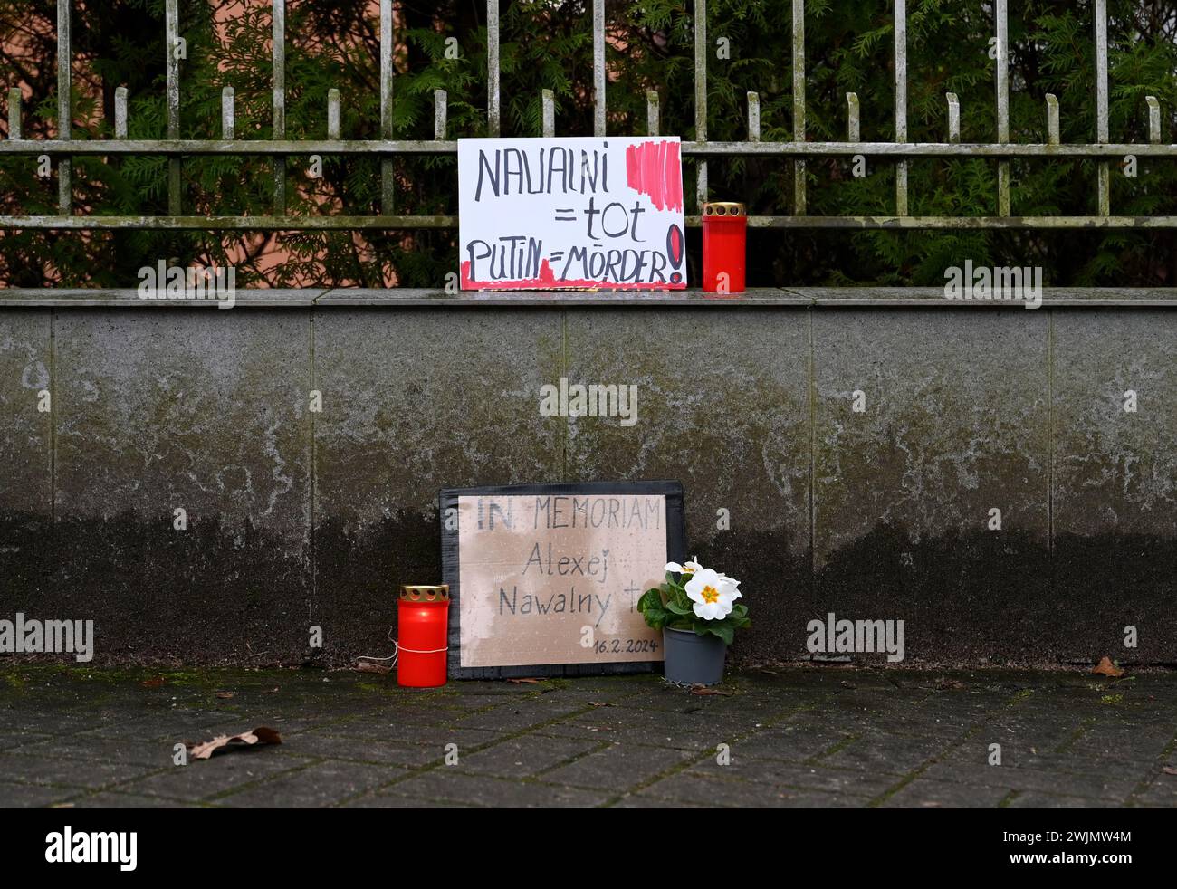 Hambourg, Allemagne. 16 février 2024. Les panneaux sur l'ancien bâtiment du consulat général russe à Hambourg, désormais fermé, indiquent : « Navalni = mort, Poutine = meurtrier ! » Et 'In memoriam Alexei Navalny 16.2,2024'. Devant la clôture, des lumières funéraires, des panneaux et une fleur commémorent la mort d'Alexei Navalny. Selon la magistrature russe, Navalny est décédé vendredi à l’âge de 47 ans dans une colonie pénitentiaire sibérienne. Crédit : Rabea Gruber/dpa/Alamy Live News Banque D'Images