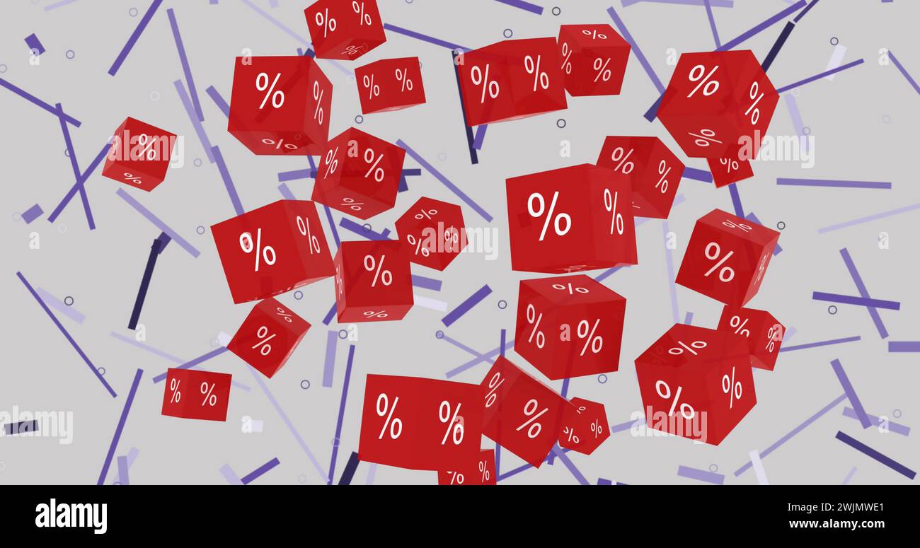 Image des symboles de pourcentage de ventes sur des cubes rouges flottant sur des bandes violettes en arrière-plan Banque D'Images