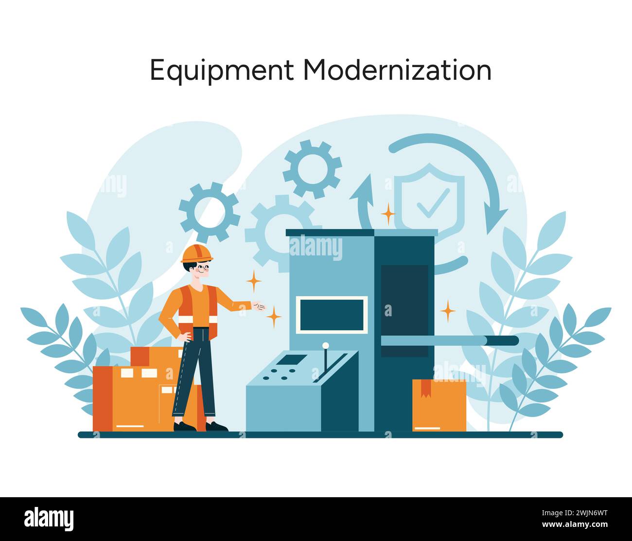 Vecteur de modernisation de l'équipement. Un travailleur supervise la mise à niveau des machines industrielles, intégrant des caractéristiques de sécurité avancées conformes aux réglementations de l'OSHA. Illustration vectorielle plate Illustration de Vecteur
