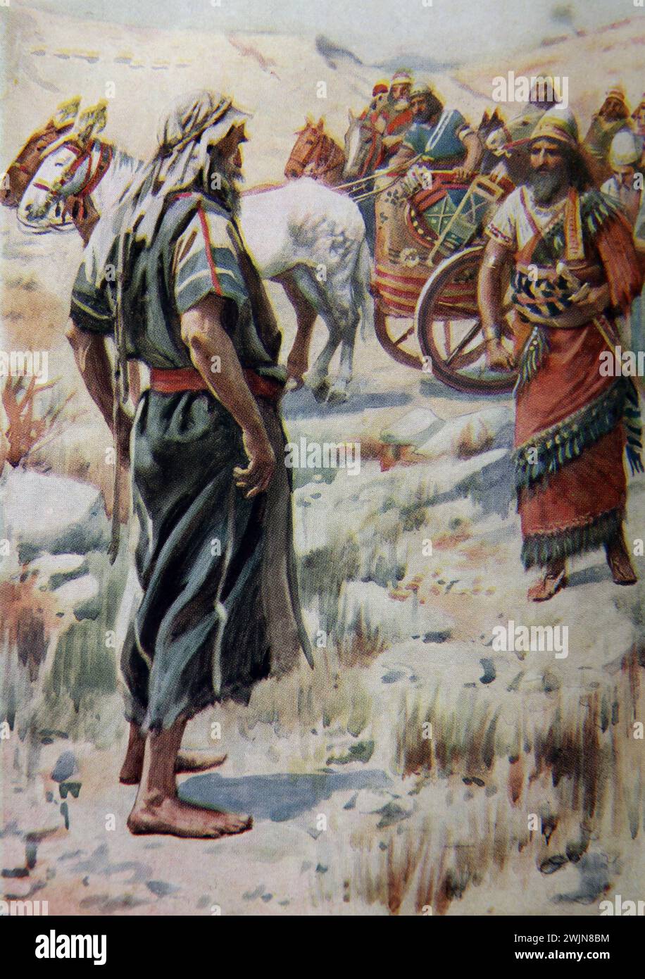 Illustration d'Elijah se présentant à Achab après que le Seigneur soit venu à lui 'allez vous présenter à Achab et j'enverrai pluie à cette terre' par Harold Banque D'Images