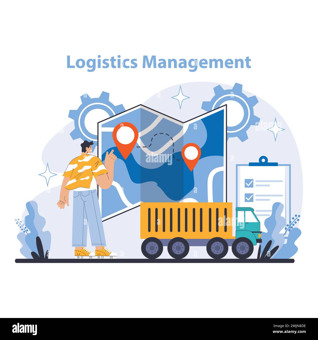 Concept de gestion logistique. Illustre l'établissement d'itinéraires stratégiques et le suivi des véhicules sur une carte en réseau pour une livraison optimale. Met l'accent sur la coordination avancée dans la chaîne d'approvisionnement. Illustration de Vecteur