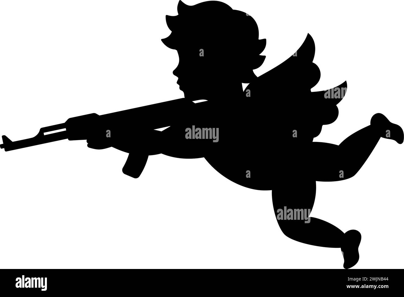 Cupidon avec mitrailleuse. Silhouette de chérubin. La Saint-Valentin