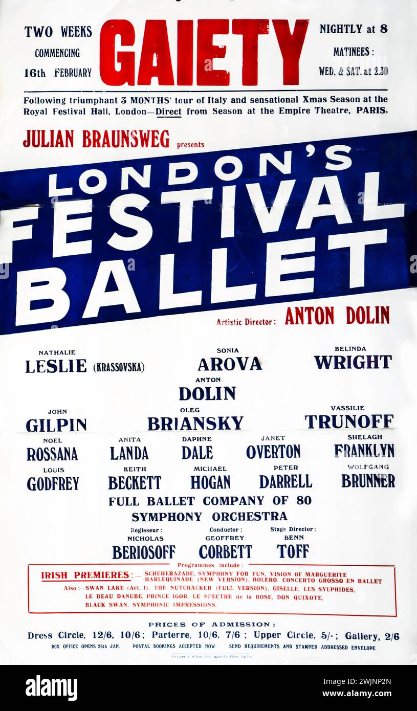 Il s'agit d'une affiche vintage avec un texte audacieux faisant la promotion du Festival de ballet de Londres au Gaeity Theatre, Dublin, Irlande, dans les années 1930, mettant en vedette des artistes notables et un calendrier de représentations. Banque D'Images