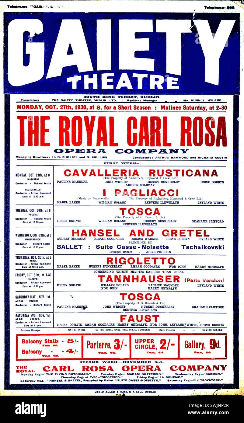 Cette image montre une ancienne affiche montrant une gamme de spectacles d'opéra et de ballet de la Royal Carl Rosa Opera Company au Gaiety Theatre, Dublin, Irlande, en octobre 1930. Banque D'Images