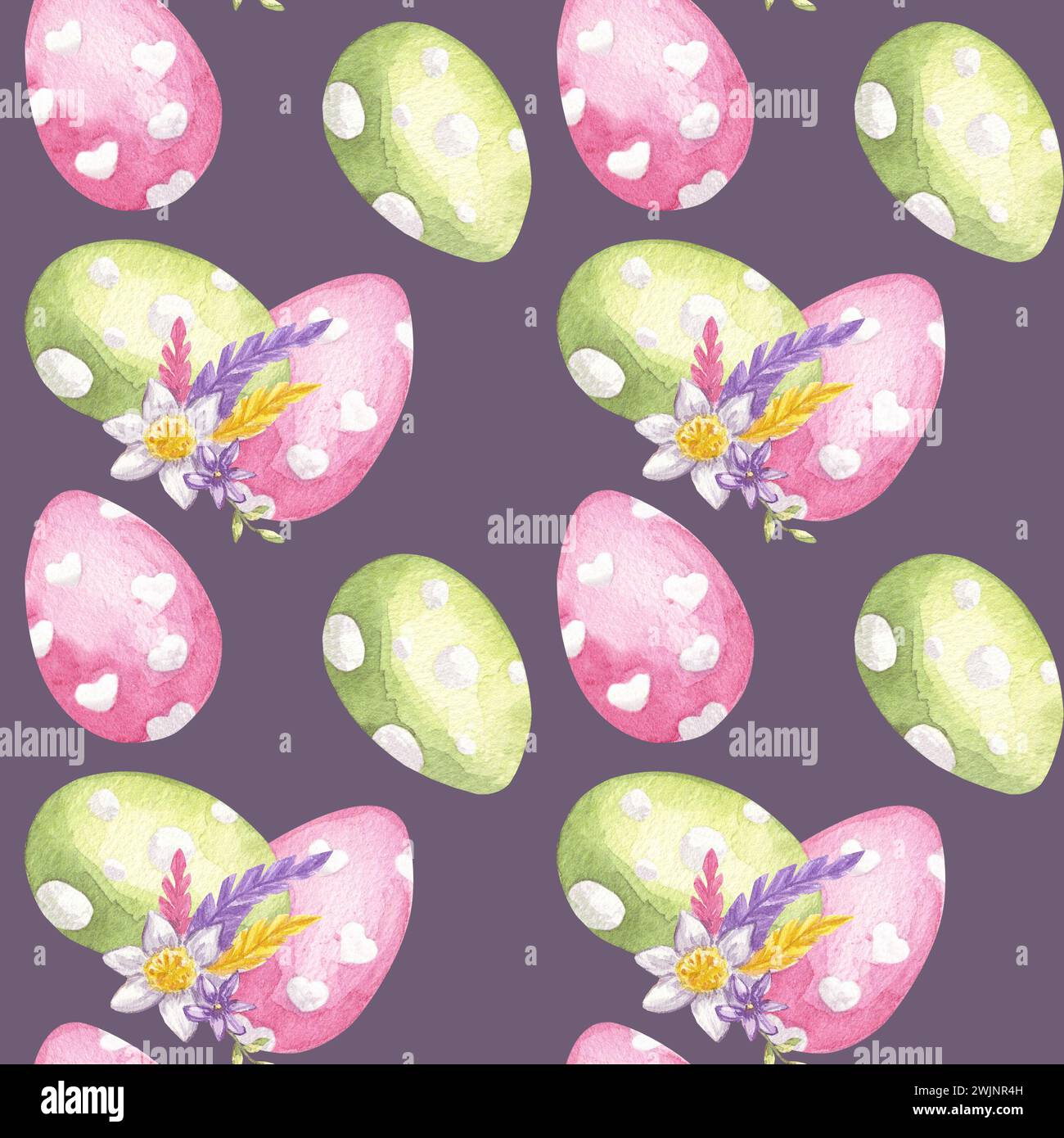 Chasse aux oeufs à motif sans couture. Poulet peint en rose, œufs verts, fleur de narcisse, plumes violettes. Joyeuses Pâques 2024 clipart. Aquarelle dessinée à la main Banque D'Images