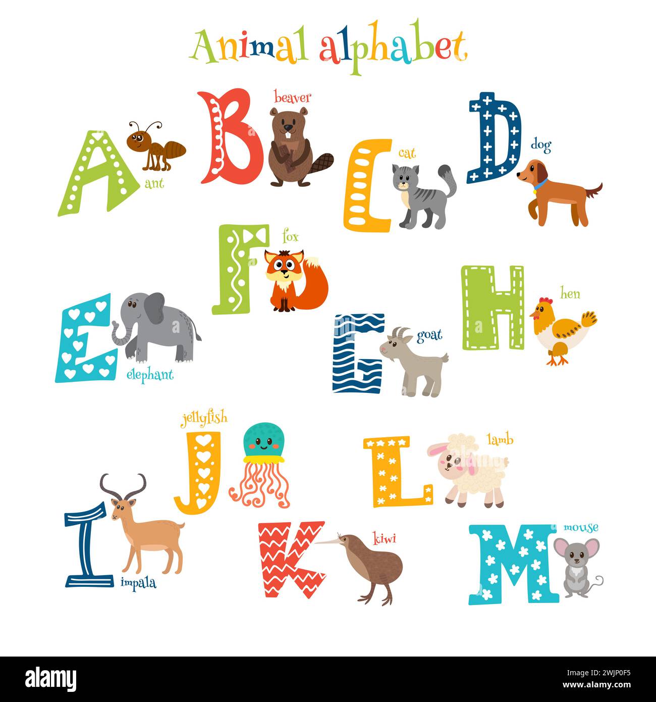 Zoo. Mignon animaux de bande dessinée alphabet de A à M dans le style de bande dessinée. Illustration vectorielle Illustration de Vecteur