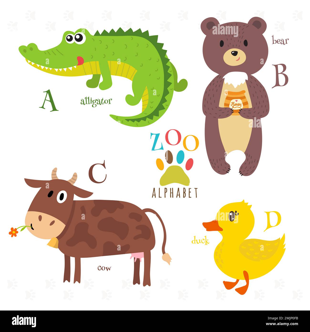 Alphabet zoo avec des animaux de dessin animé drôles. Lettres a, b, c, d. Alligator, ours, vache, canard. Illustration vectorielle Illustration de Vecteur