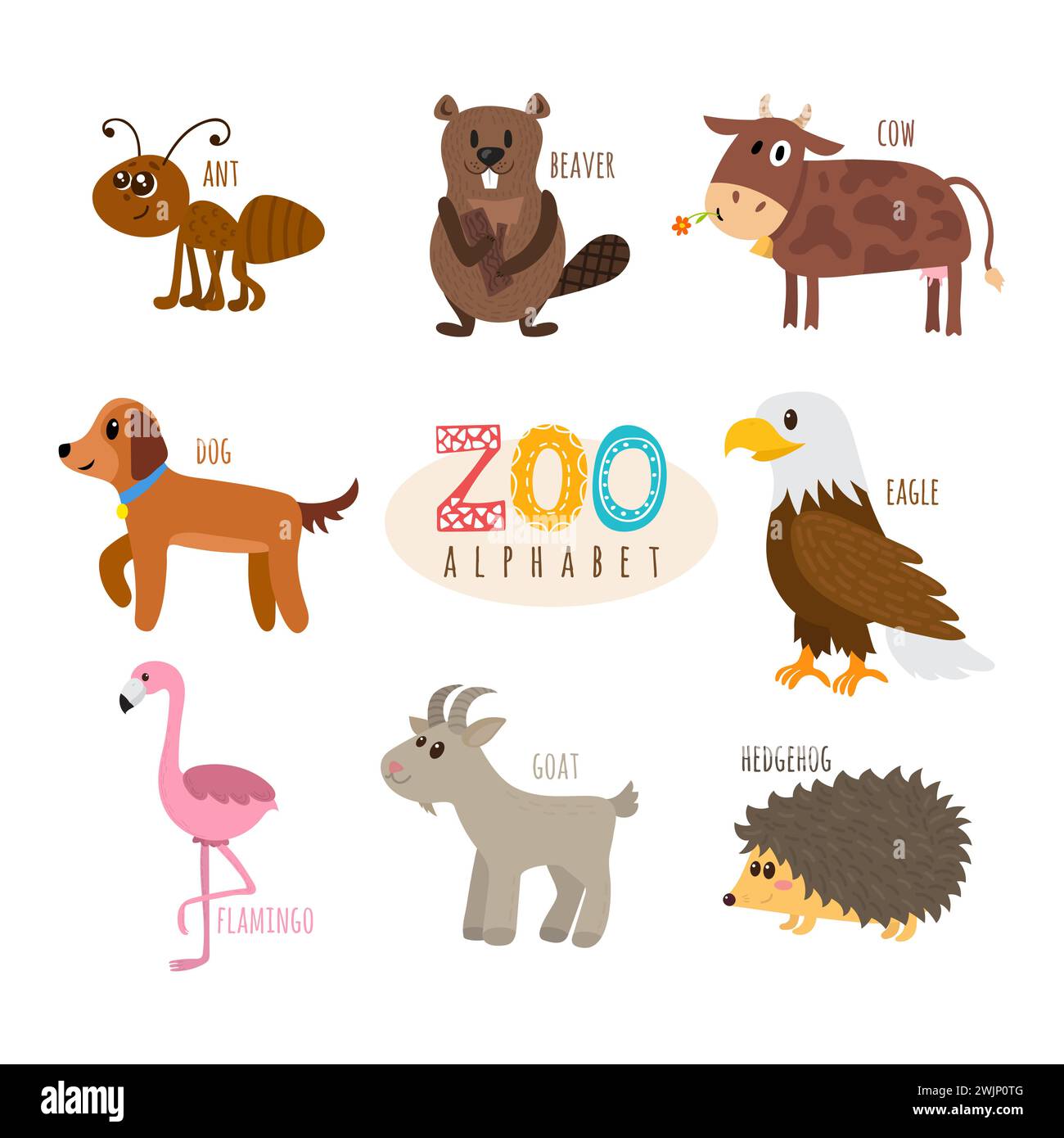 ABC. Mignon alphabet zoo en vecteur. Animaux de dessin animé drôles. Fourmi, castor, vache, chien, aigle, flamant, chèvre, hérisson. Illustration vectorielle Illustration de Vecteur