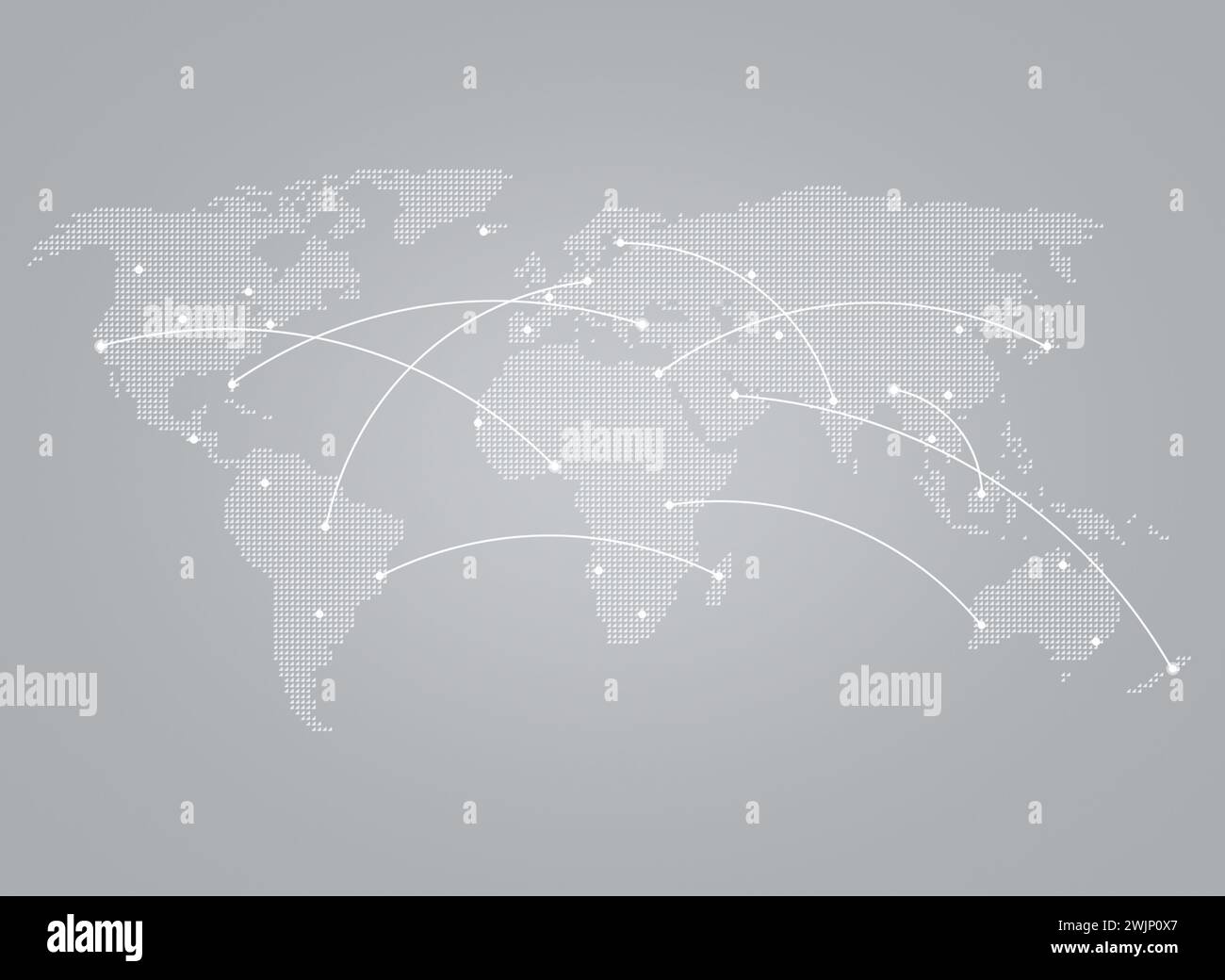 Carte du monde blanche faite de petits triangles sur fond gris avec des lignes courbes ou des chemins de vol reliant des points blancs comme des villes. Banque D'Images