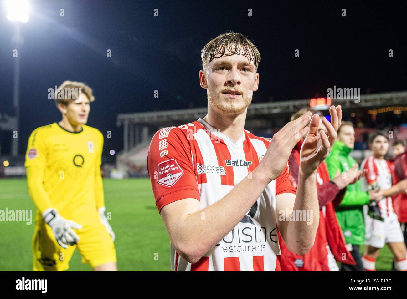 OSS, pays-Bas. 16 février 2024. OSS, 16-2-2024, Frans Heesen Stadium, Néerlandais Keukenkampioen Divisie Football saison 2023/2024. Top Oss - Jong Ajax. Meilleur joueur d'Oss Arthur Allemeersch après le match Top Oss - Jong Ajax (2-1) crédit : Pro Shots/Alamy Live News Banque D'Images