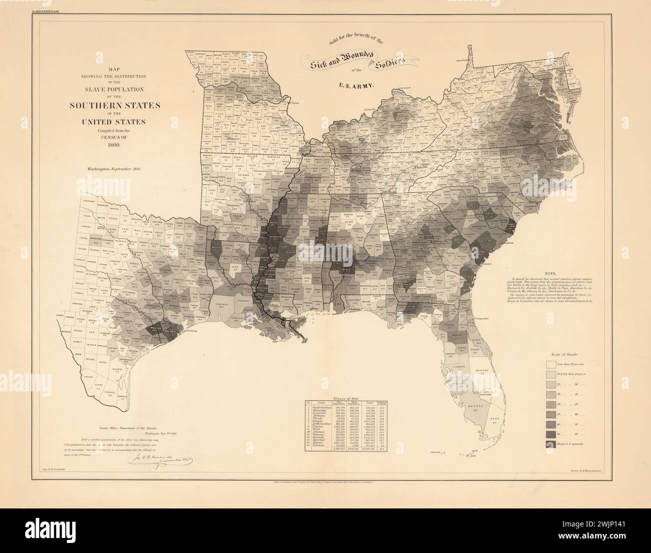 Carte américaine vintage, montrant la répartition de la population esclave des États du Sud des États-Unis basée sur le recensement de 1860. La carte montre la proportion d'habitants par comtés, et utilise l'échelle de gris pour présenter en pourcentage. Légende fournie. Par le Bureau du recensement, ministère de l'intérieur, septembre 1861. Banque D'Images