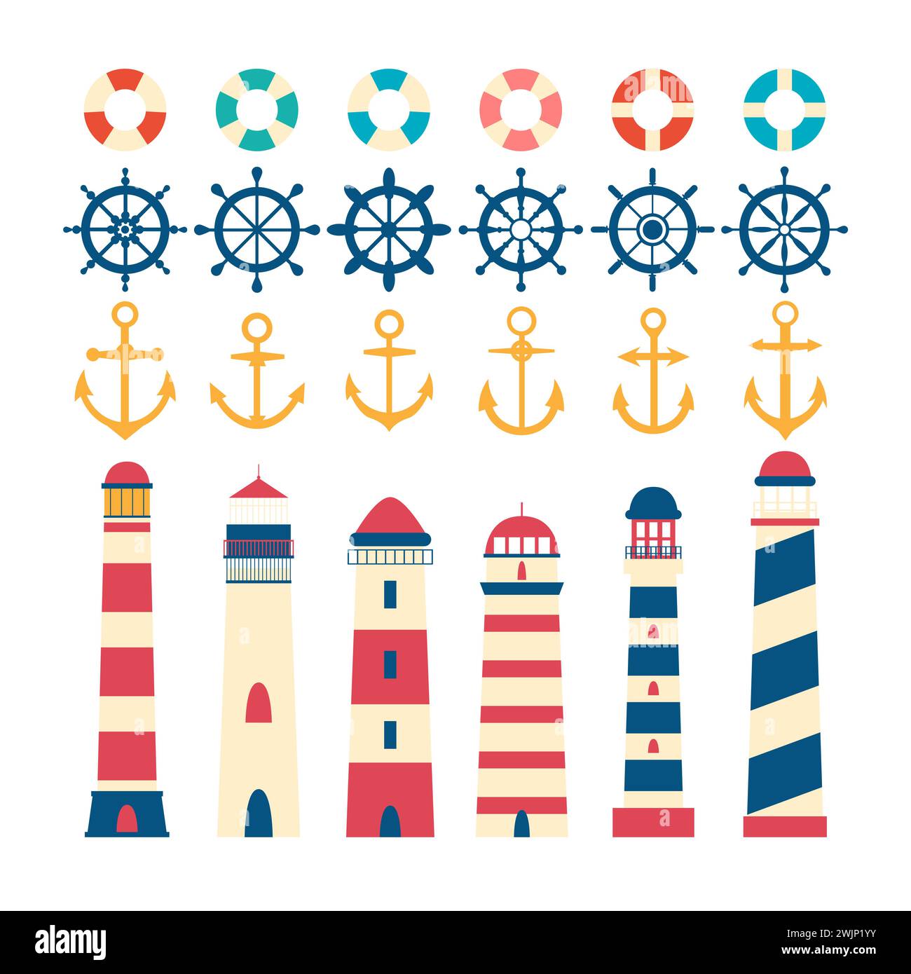 Set nautique. Volant, phare, ancre et bouée de sauvetage. Éléments nautiques dans un style plat. Illustration vectorielle Illustration de Vecteur