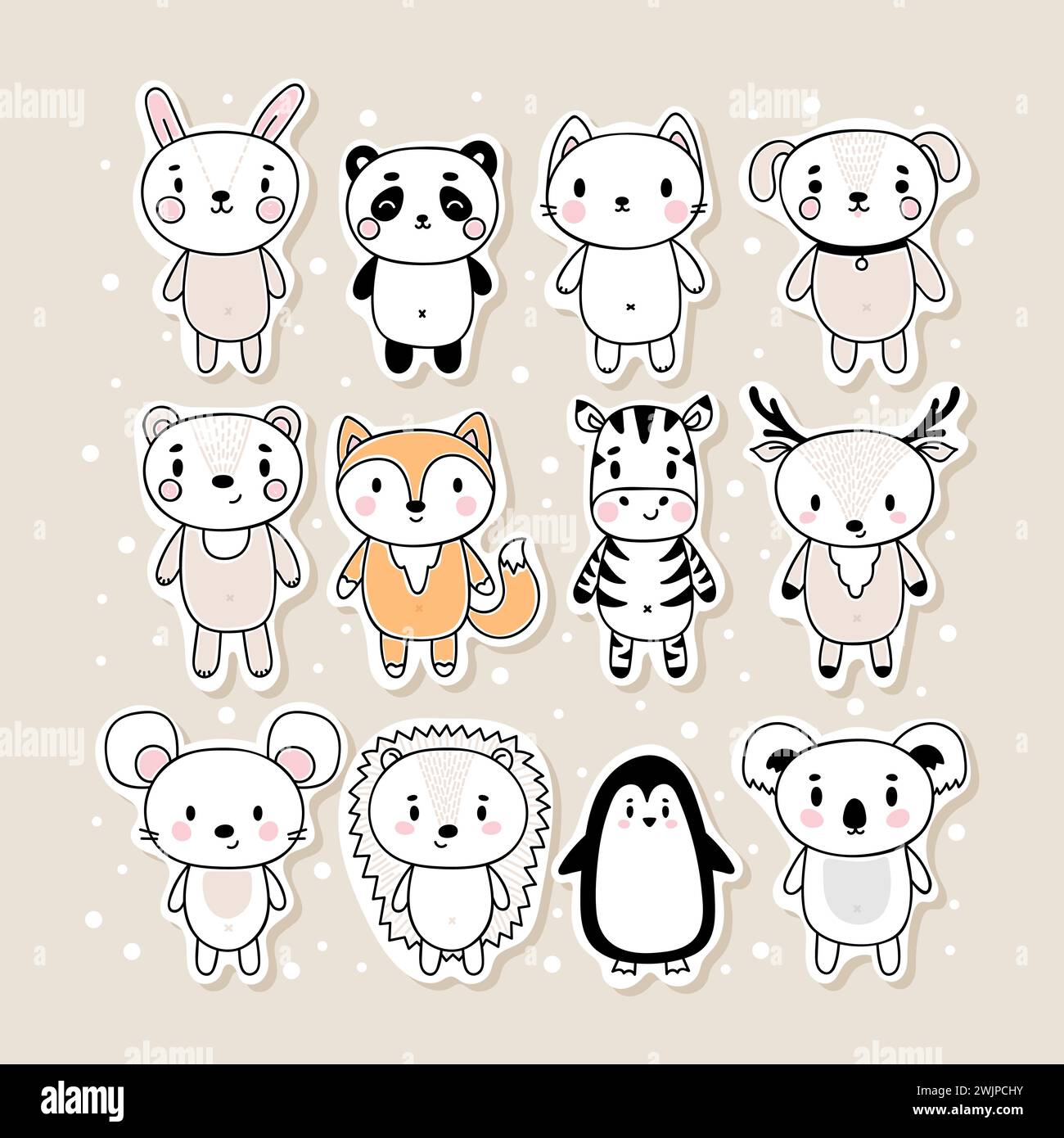 Ensemble de mignons autocollants dessinés à la main avec des animaux. Personnages de dessins animés drôles. Lapin, panda, chat, chien, ours, renard, zèbre, cerf, souris, hérisson, penguin, koal Illustration de Vecteur