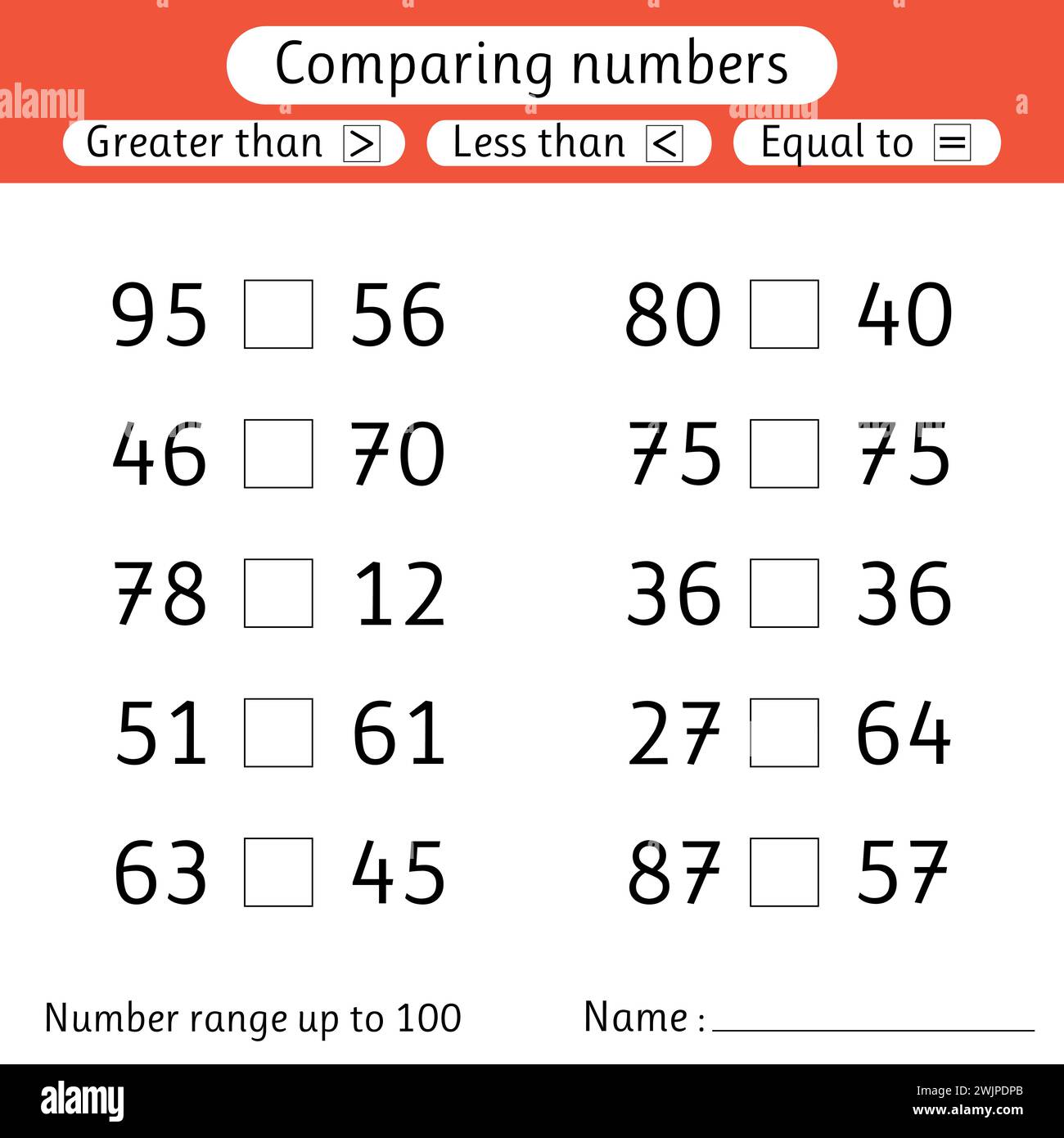 Comparaison des chiffres. Inférieur à, supérieur à, égal à. Plage de numéros jusqu'à 100. Préscolaire, école primaire. Feuilles de travail pour enfants. Illustration vectorielle Illustration de Vecteur