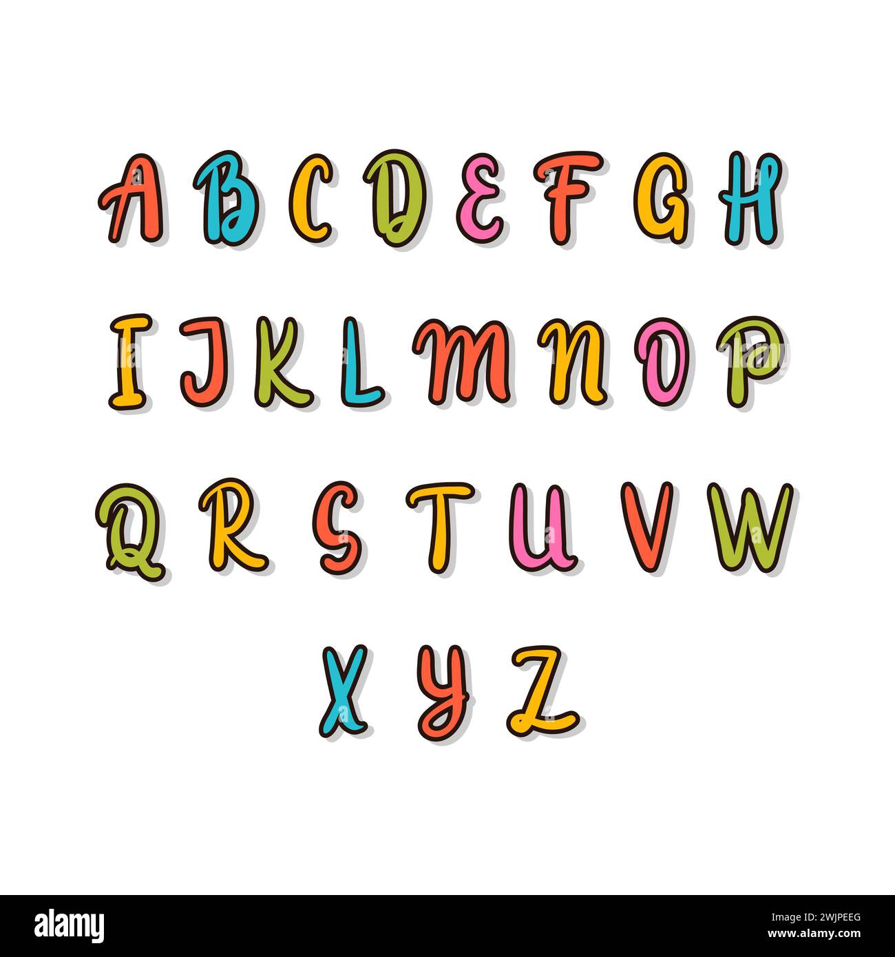 Alphabet dessiné à la main. Police colorée. Des éléments mignons pour votre design. Utilisez-le pour créer des cartes de voeux, affiche, fête d'anniversaire, t-shirts, invitation. VEC Illustration de Vecteur