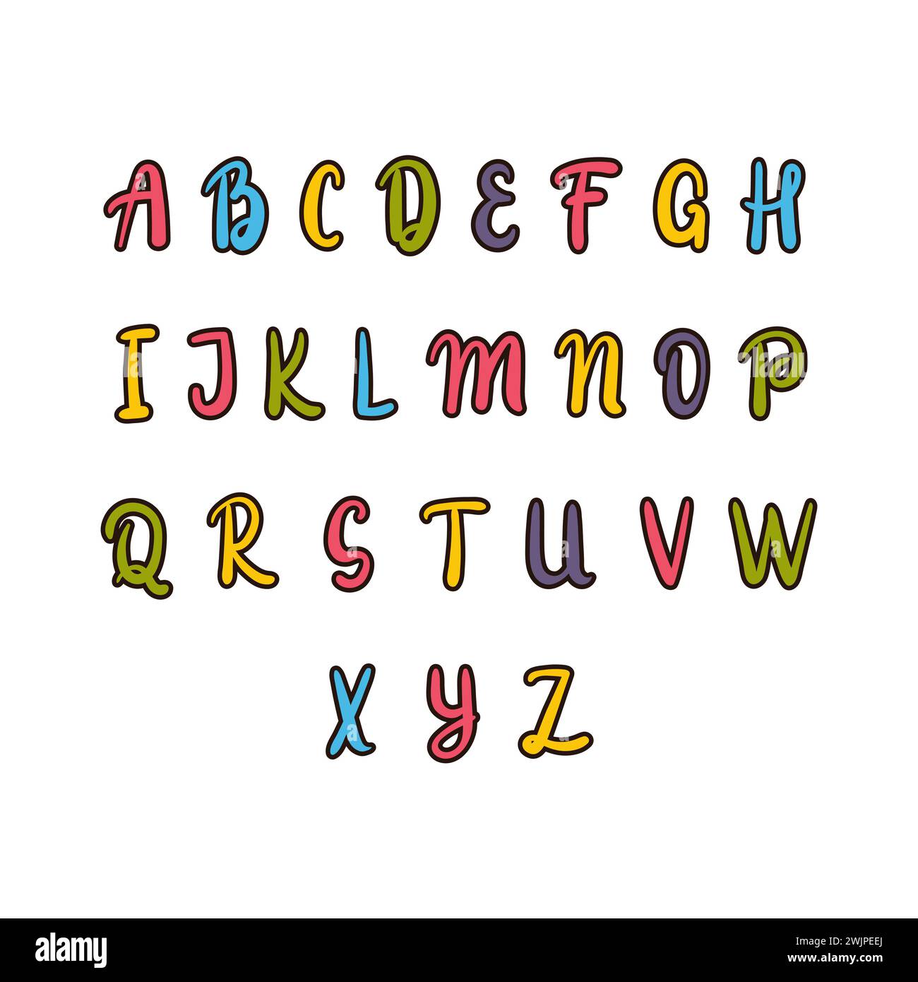 Alphabet dessiné à la main. Police colorée. Des éléments mignons pour votre design. Utilisez-le pour créer des cartes de voeux, affiche, fête d'anniversaire, t-shirts, invitations. VE Illustration de Vecteur