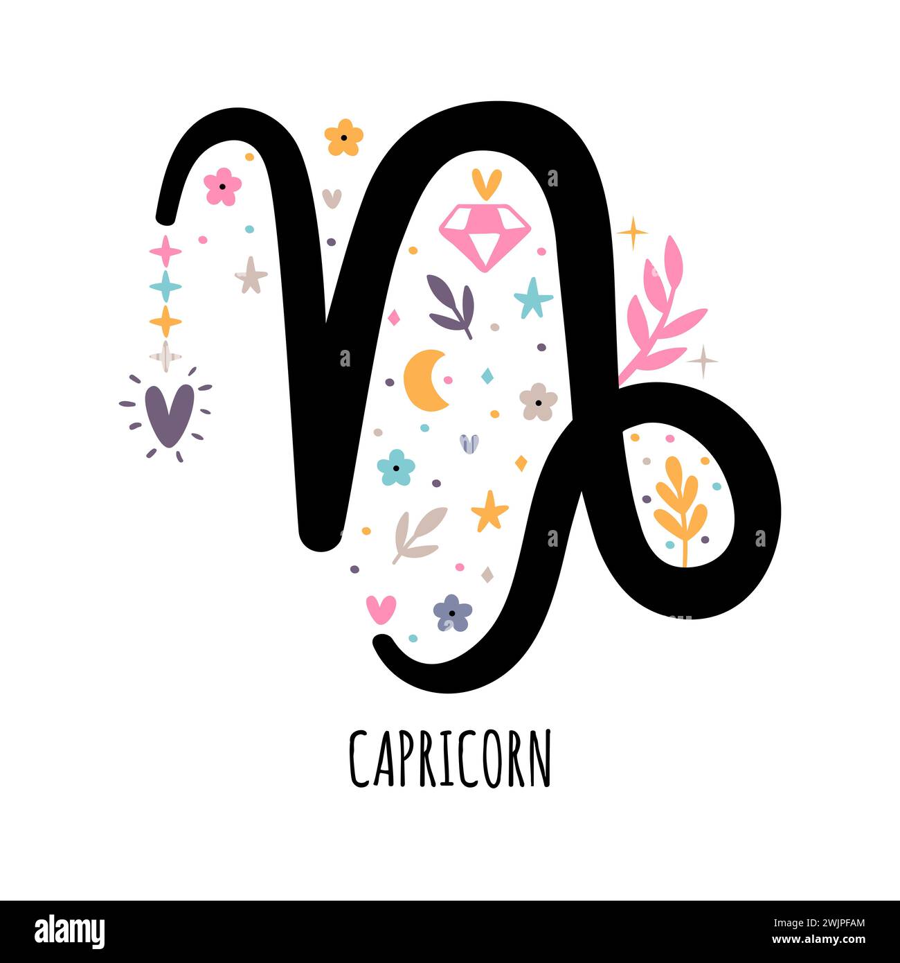 Capricorne. Signe du zodiaque. Signes d'horoscope astrologique sur fond blanc. Symbole stylisé. Illustration vectorielle Illustration de Vecteur