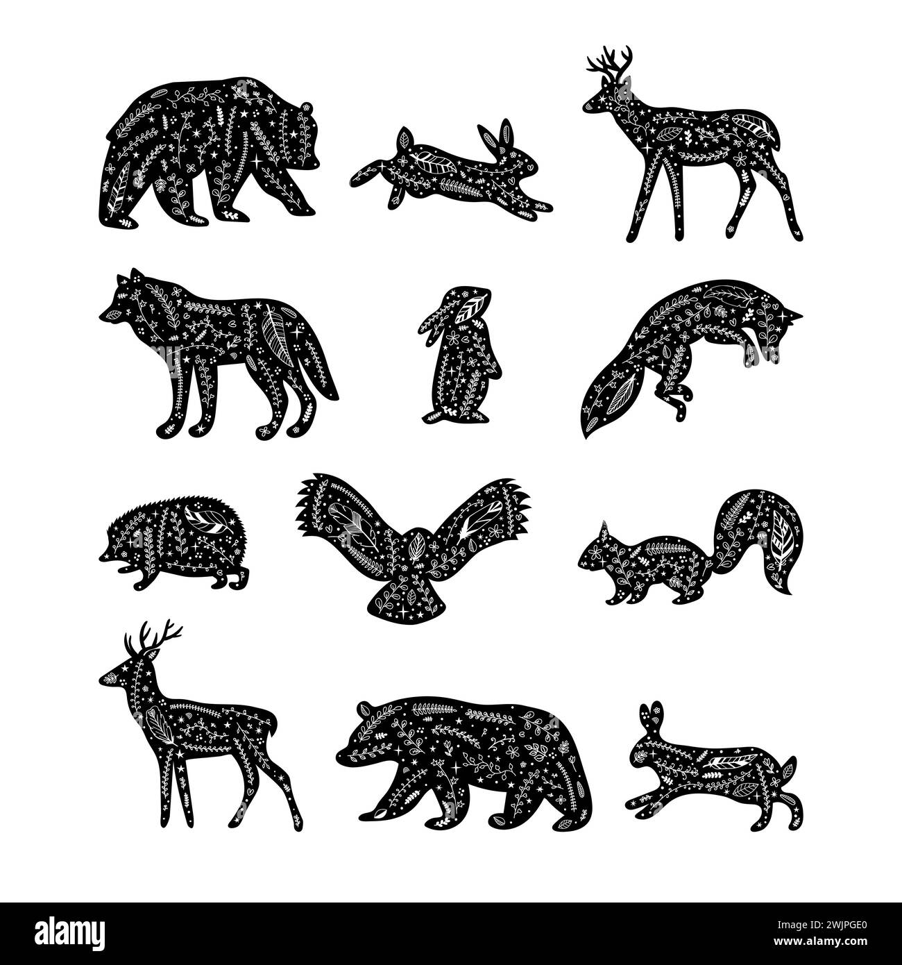 Animaux forestiers avec des éléments floraux. Silhouettes dessinées à la main. Animaux sauvages des bois. Ornement fleuri. Illustration vectorielle Illustration de Vecteur