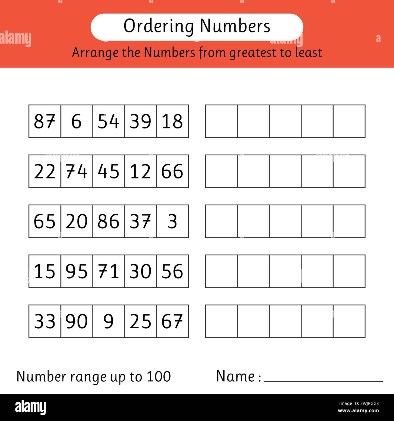 Feuille de calcul des numéros de commande. Organisez les nombres du plus grand au plus petit. Plage de numéros jusqu'à 100. Maths. Illustration vectorielle Illustration de Vecteur