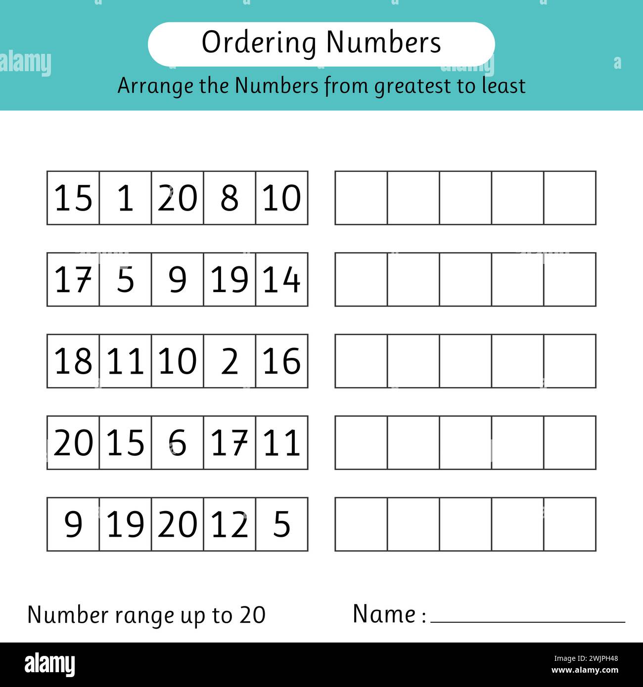 Feuille de calcul des numéros de commande. Organisez les nombres du plus grand au plus petit. Plage de numéros jusqu'à 20. Mathématiques. Illustration vectorielle Illustration de Vecteur