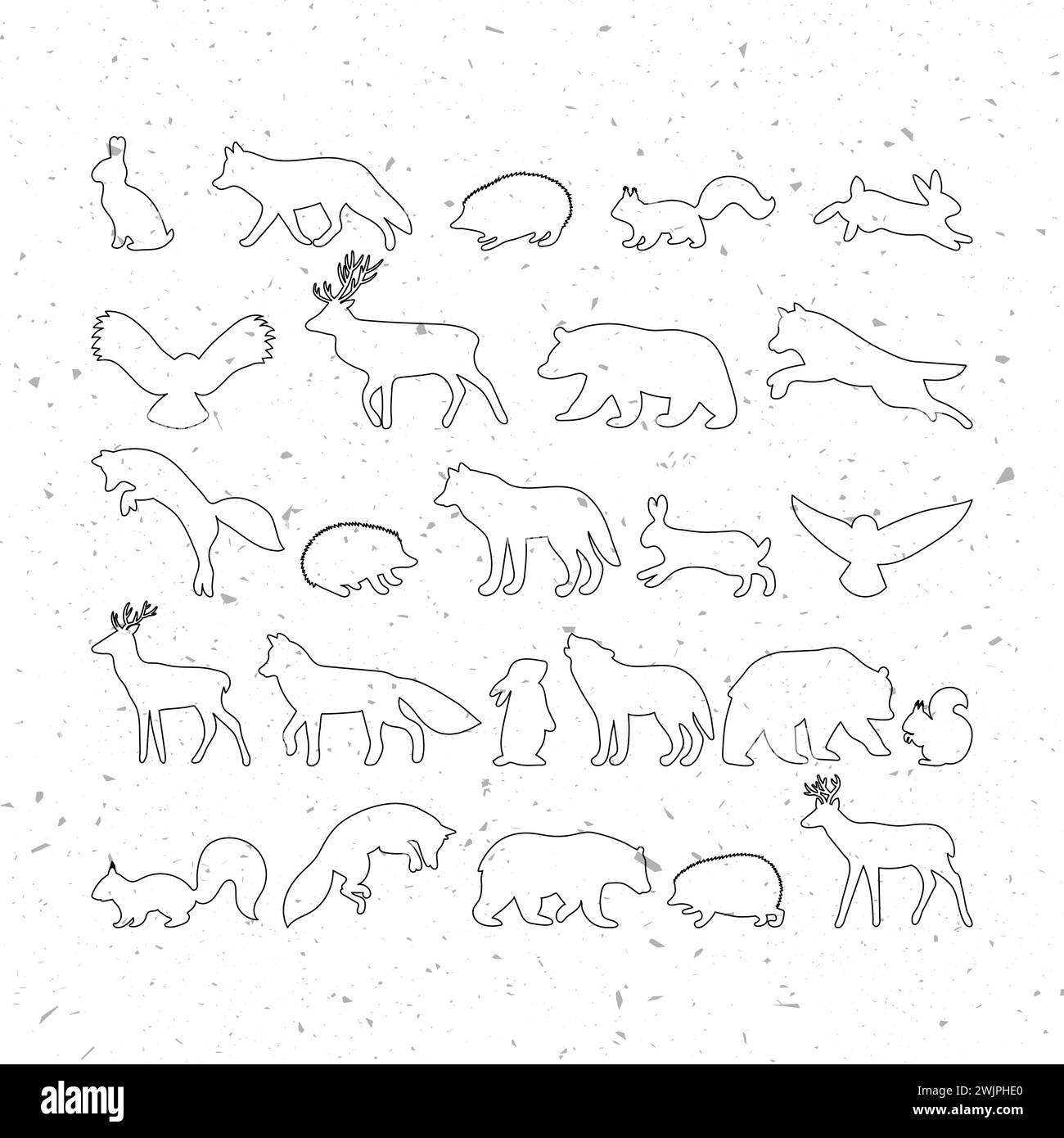 Animaux forestiers. Silhouettes, autocollants. Contour des animaux forestiers sauvages. Ours, hibou, hérisson, cerf, loup, renard, écureuil, lièvre. Illustration vectorielle Illustration de Vecteur