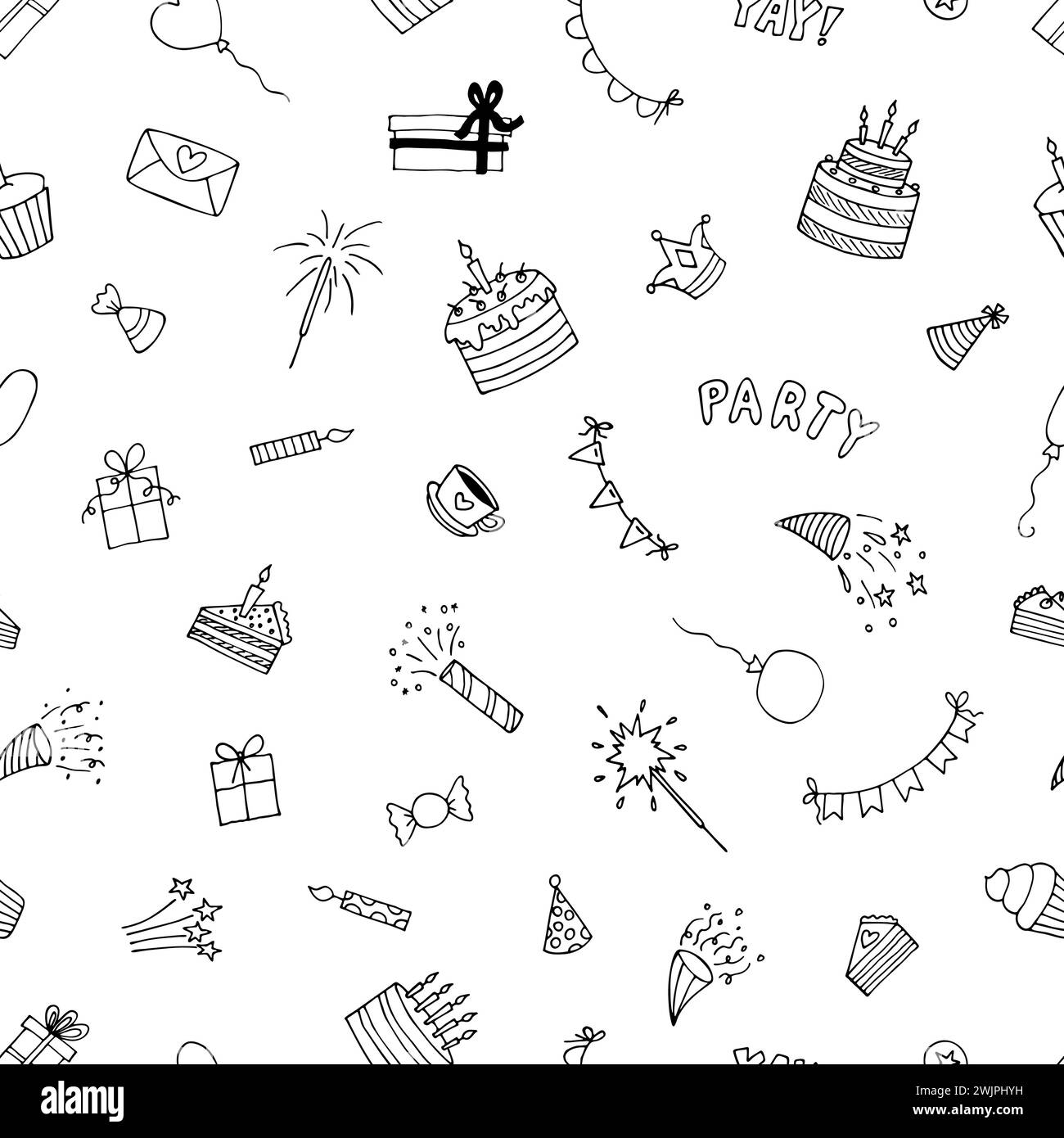 Motif sans couture de fête dessiné à la main. Joyeux anniversaire. Fond de doodle mignon. Thème anniversaire. Illustration vectorielle Illustration de Vecteur