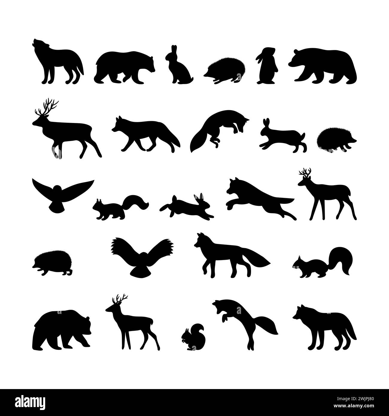 Animaux forestiers. Silhouettes dessinées à la main. Animaux sauvages des bois à contour noir. Ours, cerf, loup, renard, hibou, hérisson, écureuil, lièvre. Illustration vectorielle Illustration de Vecteur