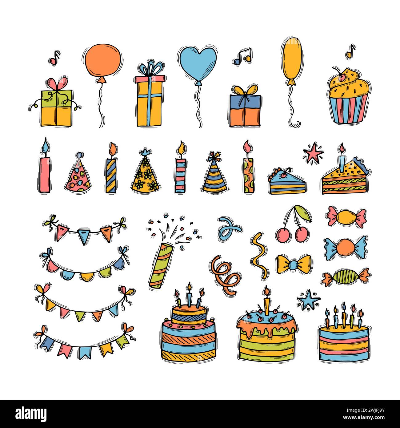 Eléments d'anniversaire dessinés à la main. Collection de fêtes. Ensemble d'éléments de conception de fête. Décoration de gribouillage. Illustration vectorielle Illustration de Vecteur