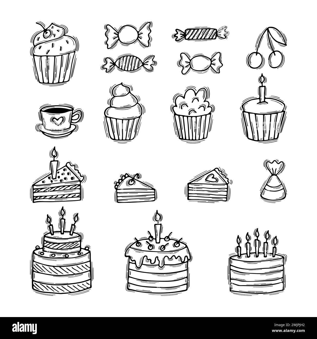 Gâteaux d'anniversaire dessinés à la main, cupcakes, bonbons, cerise. Gâteau de mariage. Griffonner des pâtisseries. Illustration vectorielle Illustration de Vecteur