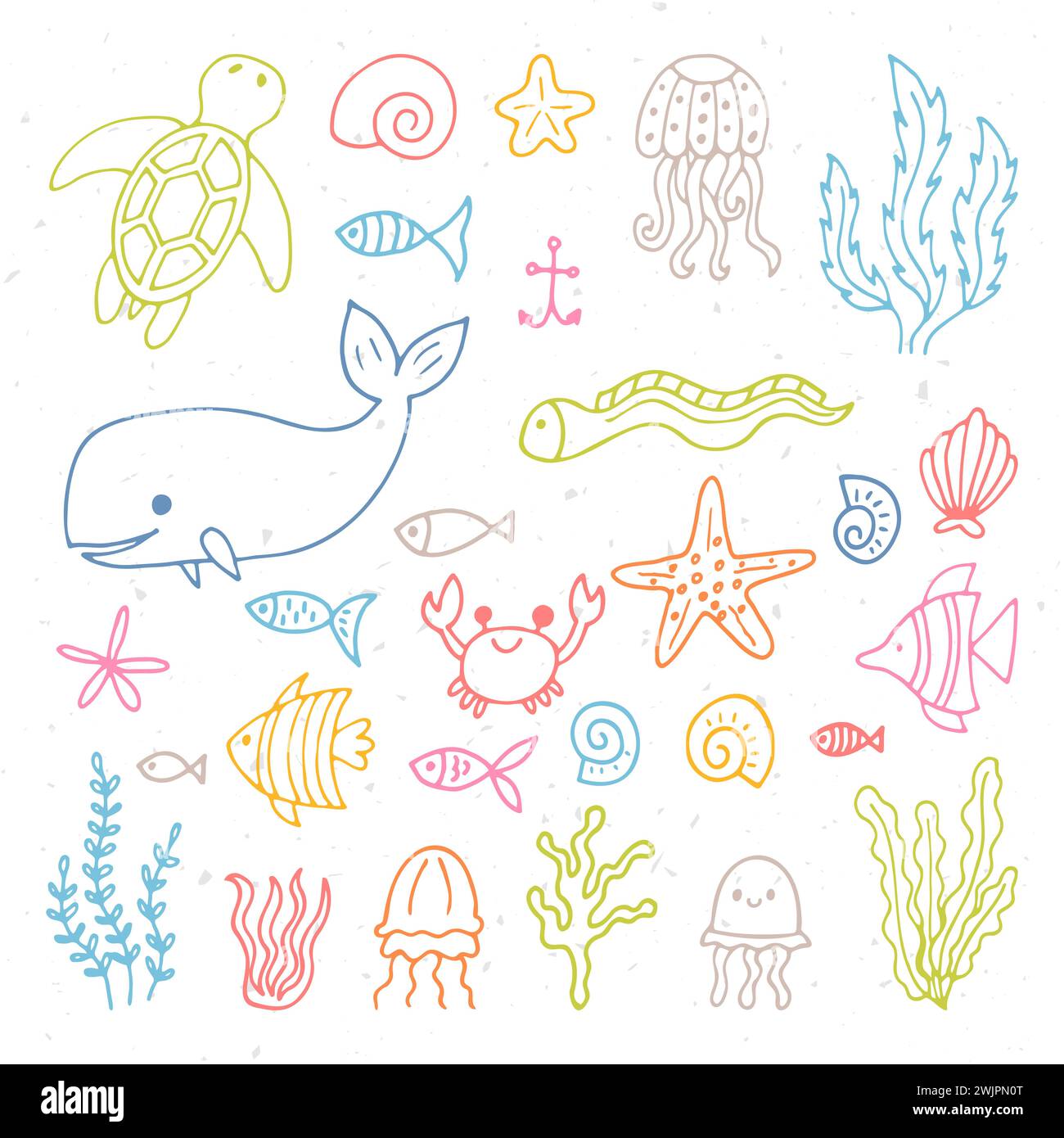 Ensemble d'animaux marins dans le style dessiné à la main. Ocean Life. Sous l'eau, sous la mer, marine. Illustration vectorielle Illustration de Vecteur