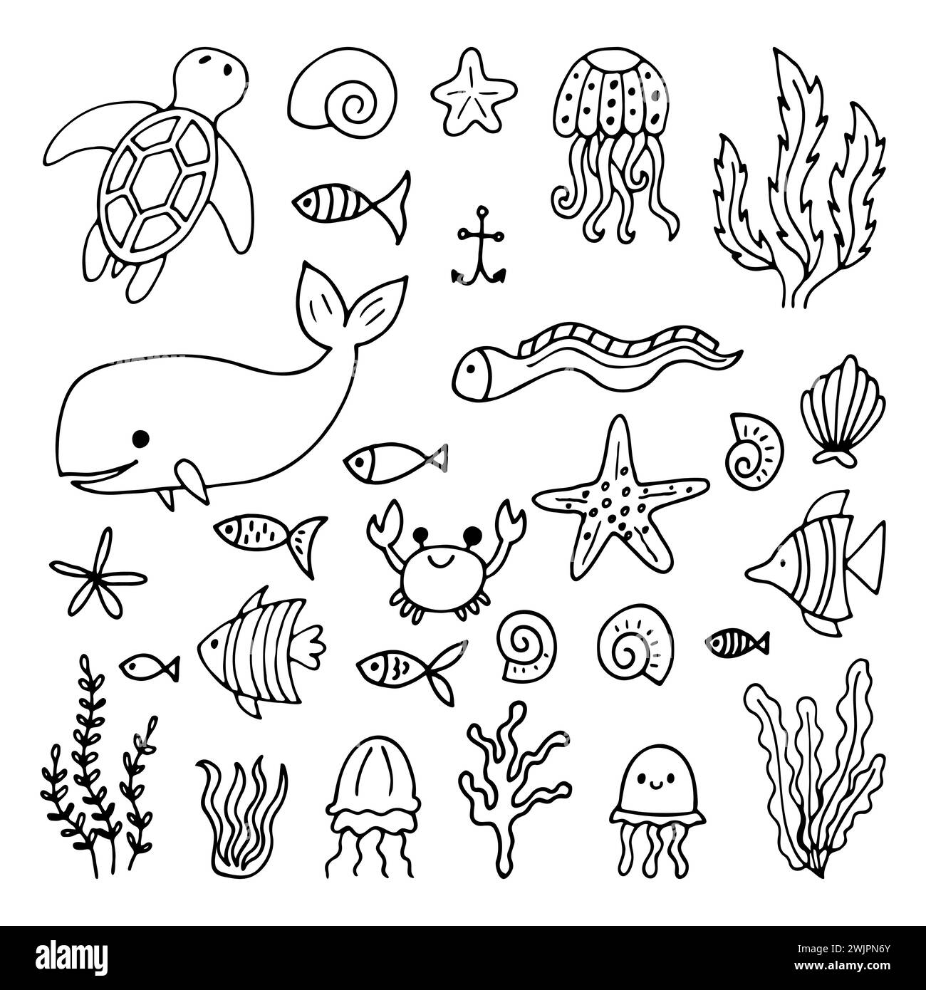 Ensemble d'animaux marins dans le style dessiné à la main. Ocean Life. Sous l'eau, sous la mer, marine. Illustration vectorielle Illustration de Vecteur