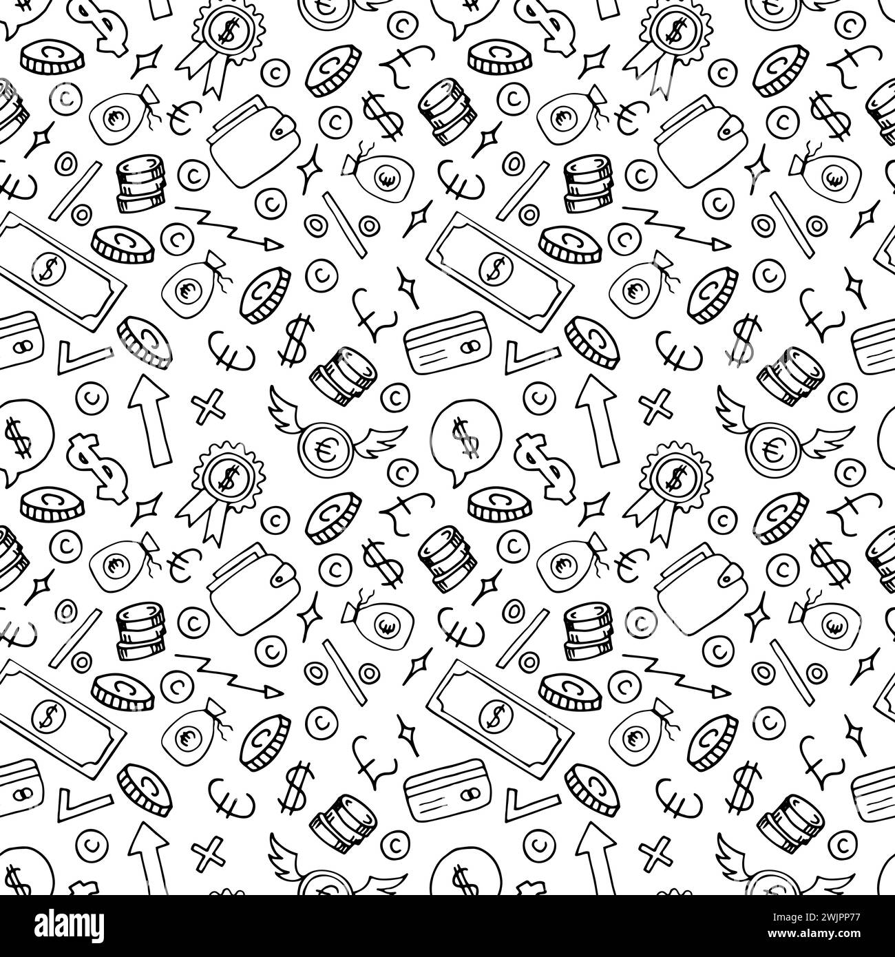 Modèle sans couture dessiné à la main avec des éléments commerciaux et financiers. Investissement. Doodle, style croquis. Fond d'argent. Illustration vectorielle Illustration de Vecteur