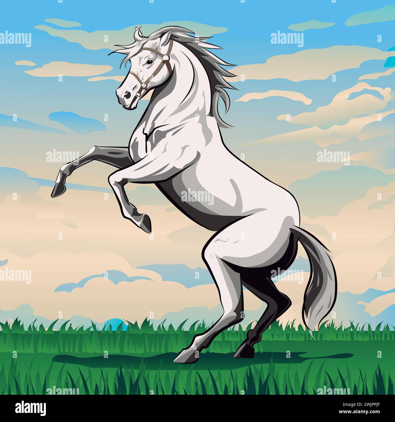 Illustration vectorielle d'un cheval blanc courant dans le champ contre le ciel. cheval sur deux pattes. Illustration de Vecteur