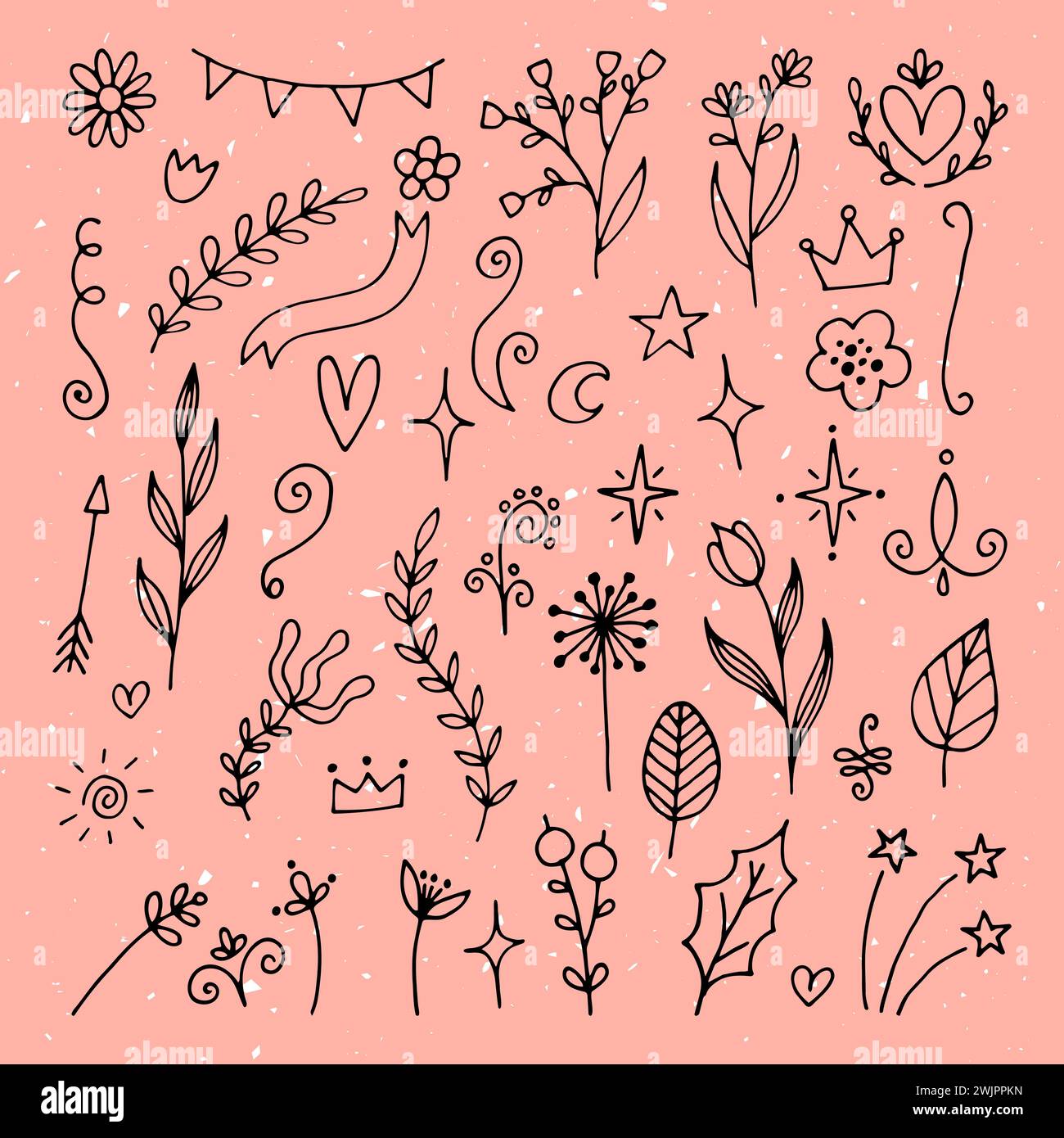 Ensemble d'éléments de conception florale dessinés à la main. Fleurs, branches, étoiles. Autocollants Doodle. Éléments de décoration rustiques. Illustration vectorielle Illustration de Vecteur