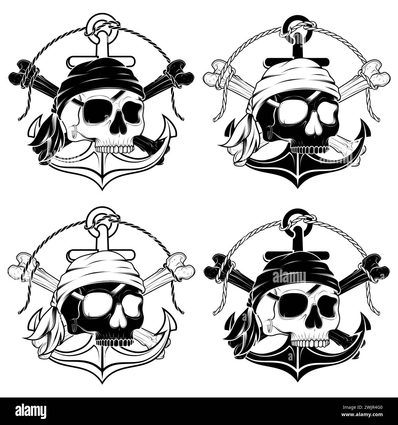 Conception vectorielle inspirée par les pirates, où vous pouvez voir des éléments avec des crânes, des os, des ancres, parcje dans le trou Illustration de Vecteur