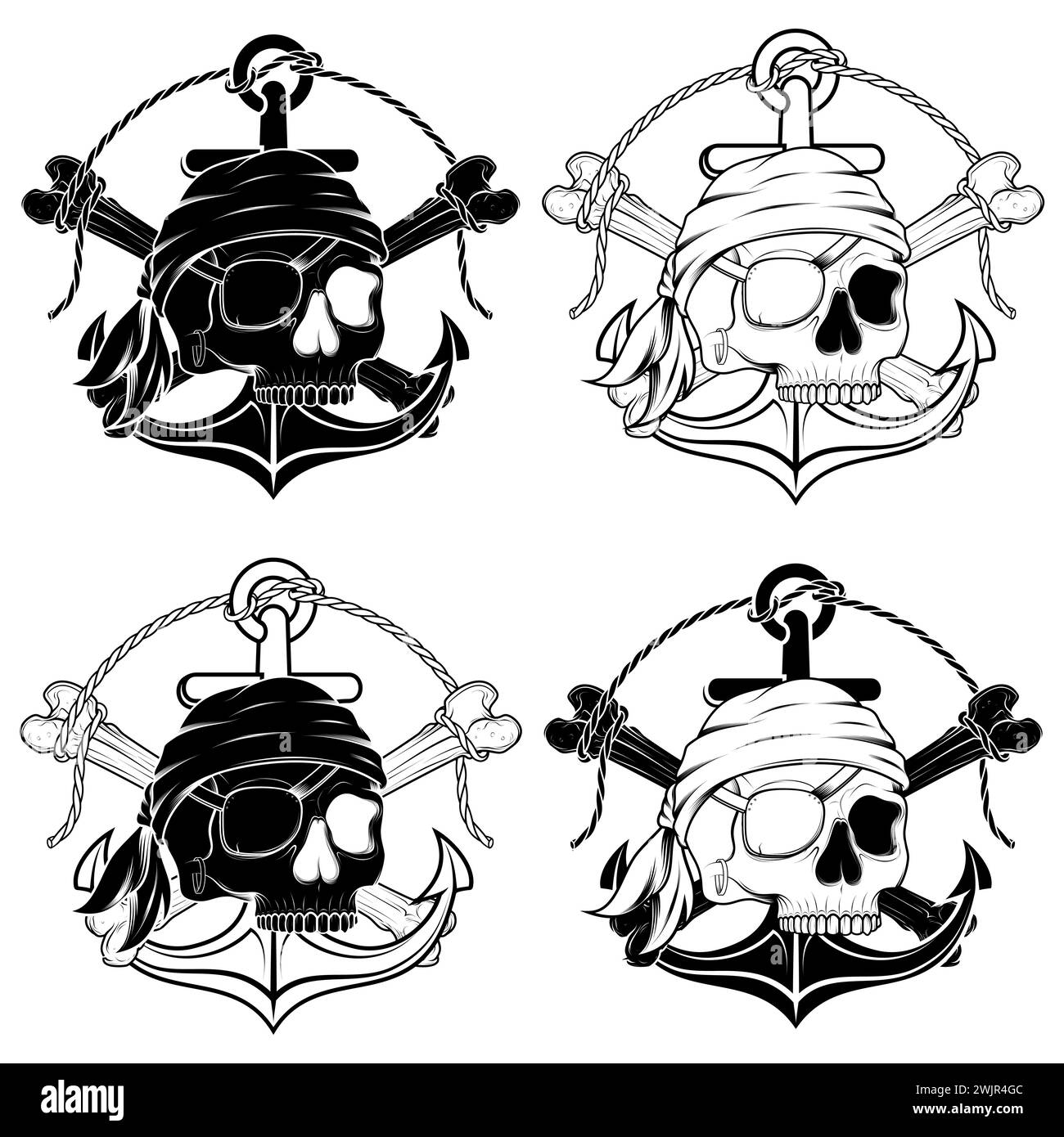 Conception vectorielle inspirée par les pirates, où vous pouvez voir des éléments avec des crânes, des os, des ancres, parcje dans le trou Illustration de Vecteur