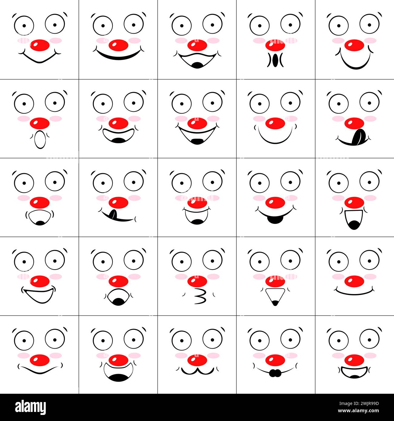 Ensemble de visages de clowns avec des sourires, des rires et des nez rouges. Collection d'émoticônes et emoji. Contour, illustrations vectorielles isolées, icônes. Illustration de Vecteur
