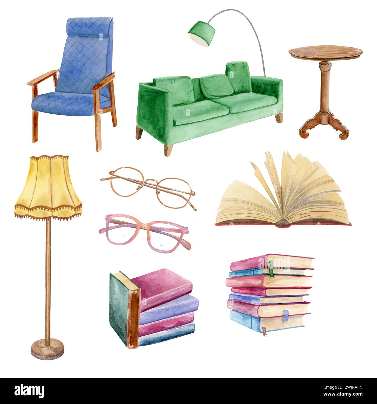 Ensemble aquarelle de livres vintage à couverture rigide, lampadaire, table de livre, chaise bleue, canapé vert, deux paires de lunettes et livre ouvert avec des pages jaunes Banque D'Images