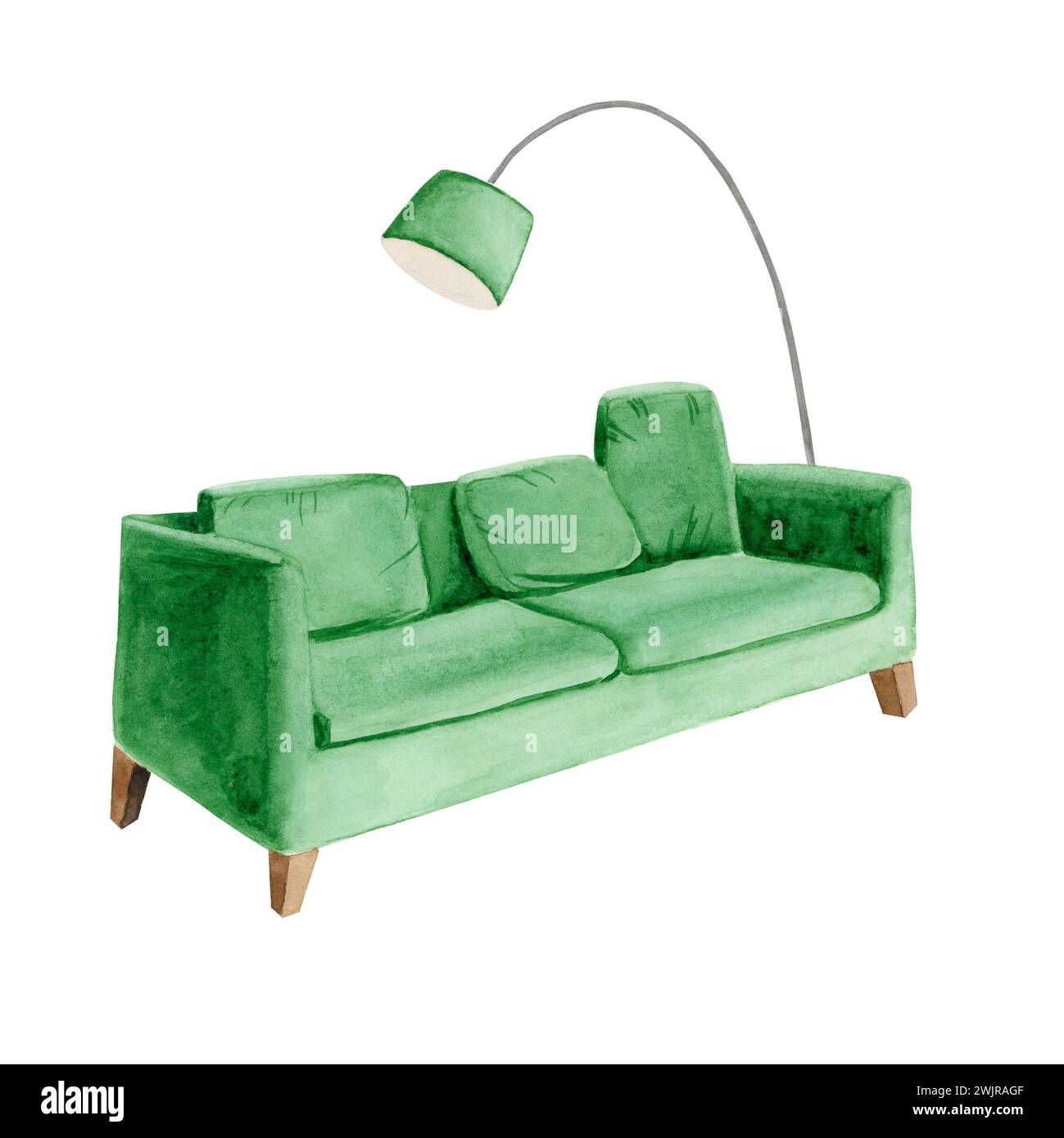 Canapé-lit vert aquarelle et élégant ensemble lampadaire vert haut Banque D'Images