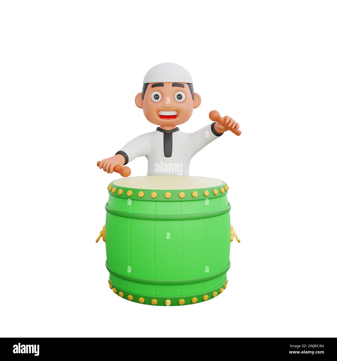 Illustration 3D d'un garçon musulman mignon jouant d'un gros tambour, prêt à accueillir le mois sacré du Ramadan, parfait pour les projets sur le thème du Ramadan Kareem Banque D'Images